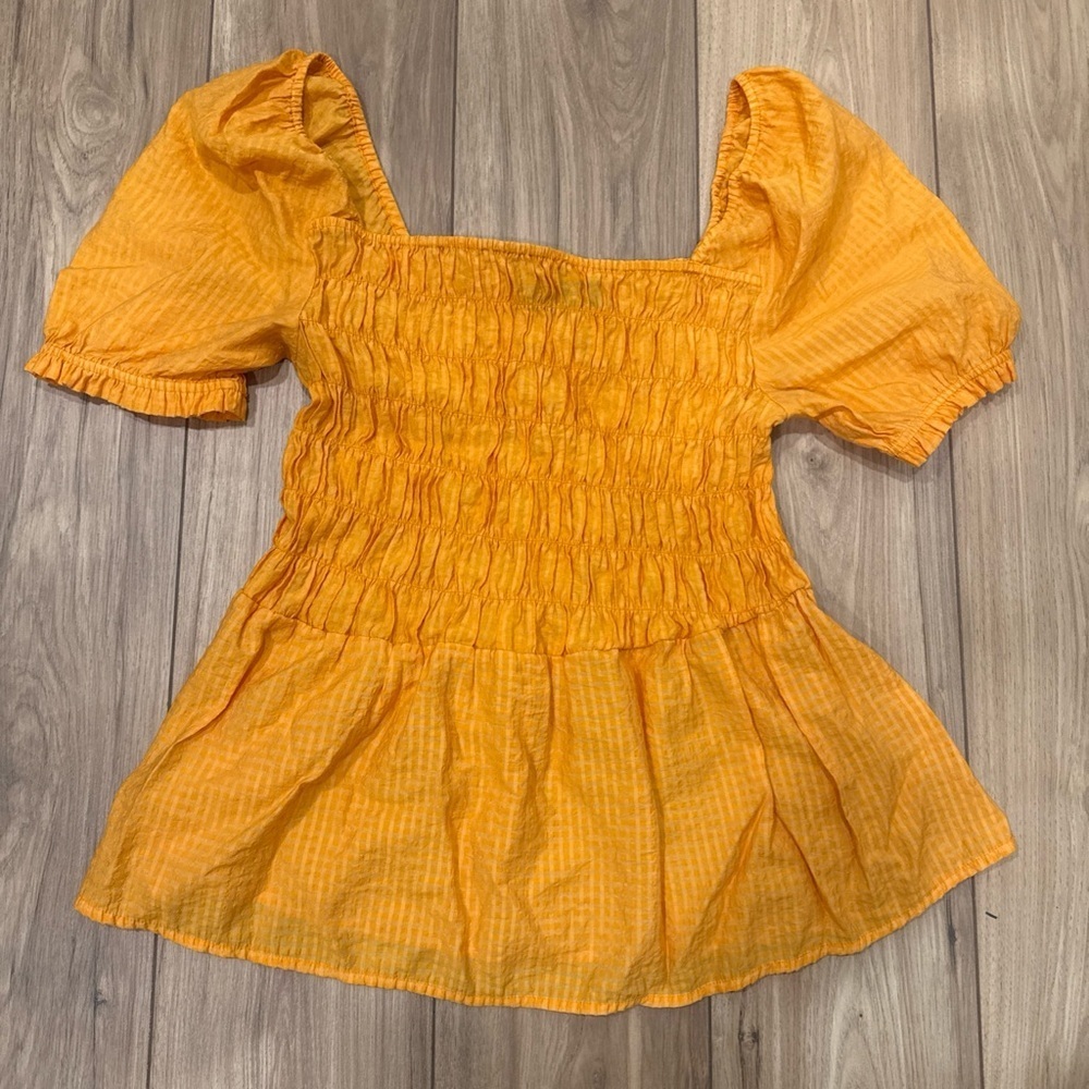 Lane Bryant Illusion Collection Check Smocked Orange Blouse Womens Size 14